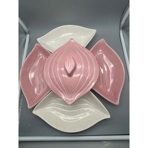 Mid Century Modern California Pottery L34 Lazy Susan Pink and Ivory 6 pc